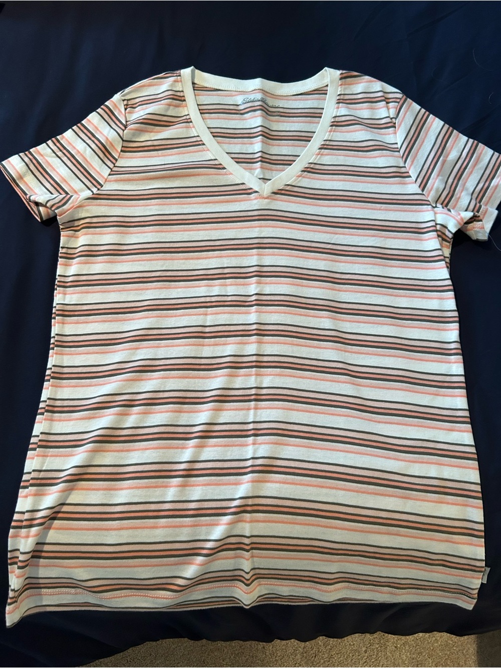 NWT Eddie Bauer Cream V-Neck Tee with Pink/Olive/Cream Stripes